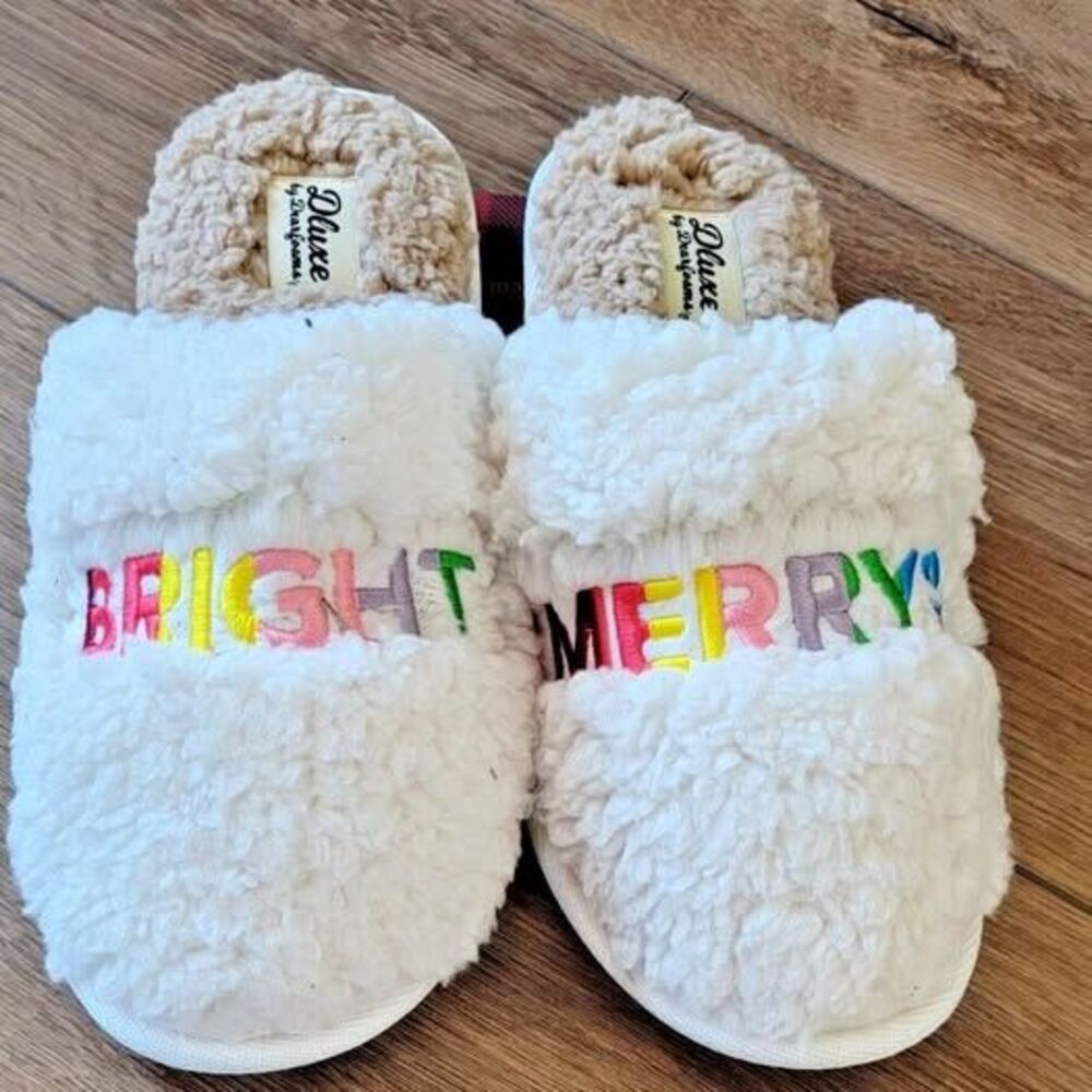 Dluxe by Dearfoams Womens Sz M Slip On Slippers Christmas Merry & Bright